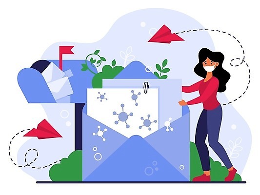 EPS 해외이미지 전신 여자 일러스트 봉투 스트레스 마스크 한명 성인 우체통 잡기 뉴스 편지 종이비행기 감염 성인여자한명만 코로나바이러스 델타변이바이러스 해외일러스트 1 모션 사람 바이러스 종이접기 여자한명만 성인여자만 파일형식 벡터