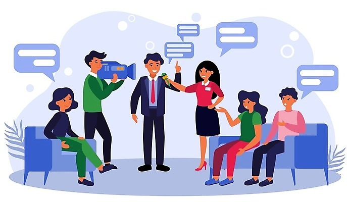 EPS 해외이미지 여자 남자 말풍선 일러스트 비즈니스 여러명 카메라 비즈니스맨 기자 뉴스 토론 질문 카메라맨 마이크 리포터 인터뷰 성인만 해외일러스트 직업 음향기기 다수 사람 전자제품 직장인 사진사 파일형식 벡터