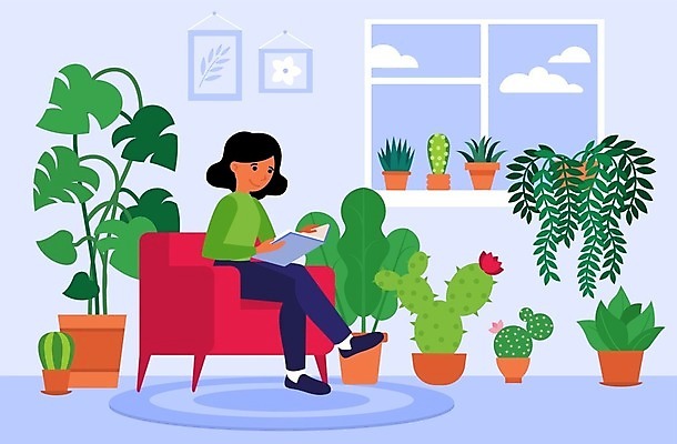 EPS 해외이미지 전신 나무 식물 여자 행복 화분 화초 일러스트 탁자 선인장 주택 실내 한명 앉기 취미 독서 방 다리꼬기 안락의자 돌봄 성인여자한명만 해외일러스트 1 감정 가구 의자 모션 사람 내부 건물 여자한명만 성인여자만 파일형식 벡터