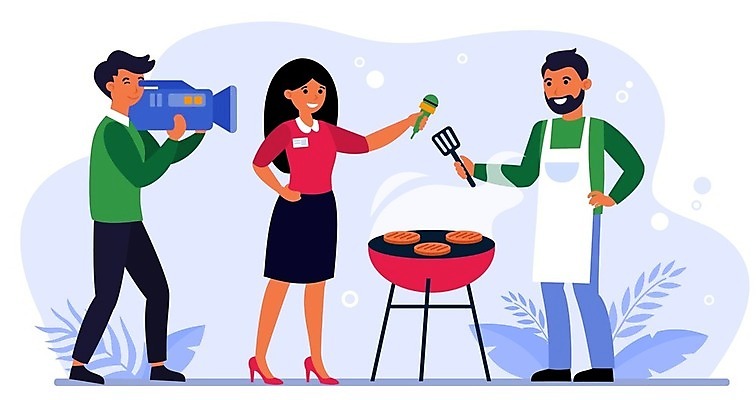 EPS 해외이미지 전신 여자 남자 일러스트 스테이크 요리 서기 들기 성인 세명 카메라 요리사 기자 그릴 바비큐 카메라맨 마이크 면접 방송 뒤집개 리포터 인터뷰 성인만 해외일러스트 직업 음식 음향기기 비즈니스 모션 주방용품 서양음식 사람 전자제품 사진사 파일형식 벡터