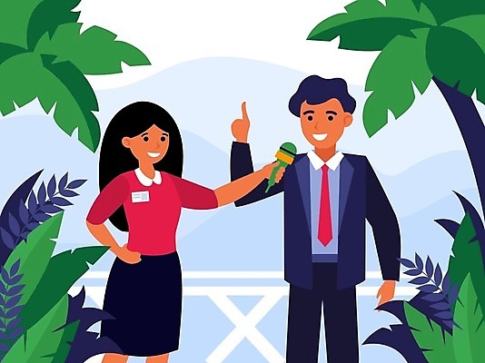 EPS 해외이미지 여자 남자 일러스트 미소 들기 풍경 손짓 상반신 성인 야외 두명 비즈니스맨 기자 뉴스 마이크 리포터 정치가 성인만 해외일러스트 직업 음향기기 비즈니스 모션 표정 사람 직장인 파일형식 벡터