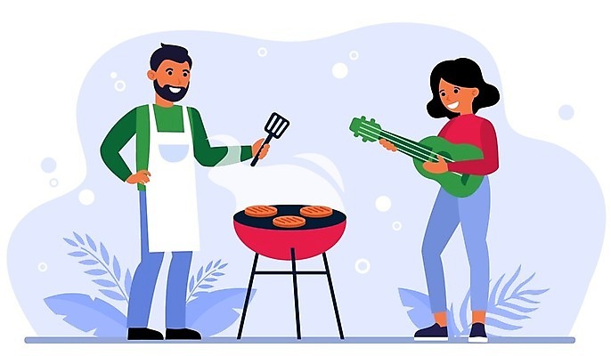 EPS 해외이미지 전신 부부 커플 여자 남자 행복 허리손 일러스트 남편 서기 들기 성인 야외 두명 앞치마 기타 아내 그릴 굽기 뒤집개 성인만 해외일러스트 감정 포즈 관계 모션 주방용품 현악기 사람 구이 파일형식 벡터