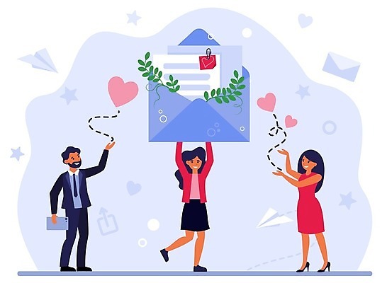 EPS 해외이미지 전신 여자 남자 행복 일러스트 비즈니스 편지봉투 들기 세명 하트 축하 동료 성인만 해외일러스트 모양 감정 컨셉 관계 모션 봉투 사람 편지 파일형식 벡터