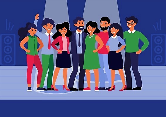 EPS 해외이미지 여자 남자 허리손 일러스트 비즈니스 함께함 서기 여러명 성인 비즈니스라이프 손들기 무대 비즈니스맨 비즈니스우먼 동료 직원 성인만 해외일러스트 라이프스타일 포즈 다수 컨셉 관계 모션 사람 직장인 파일형식 벡터