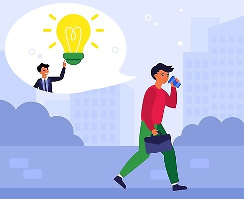 EPS 해외이미지 전신 남자 커피 생각 일러스트 전구 아침 거리 상반신 야외 두명 걷기 마시기 가리킴 도시 비즈니스맨 카페인 테이크아웃컵 성인남자만 해외일러스트 주간 음료 비즈니스 모션 사람 손짓 컵 직장인 남자만 성인만 파일형식 벡터