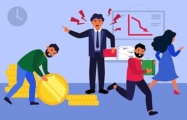 EPS 해외이미지 전신 여자 남자 돈 일러스트 비즈니스 스트레스 직장 여러명 성인 달리기 외침 분노 상사 동전탑 성인만 줍기 해외일러스트 감정 다수 회사 모션 사람 쌓기 동전 소리 재산 파일형식 벡터