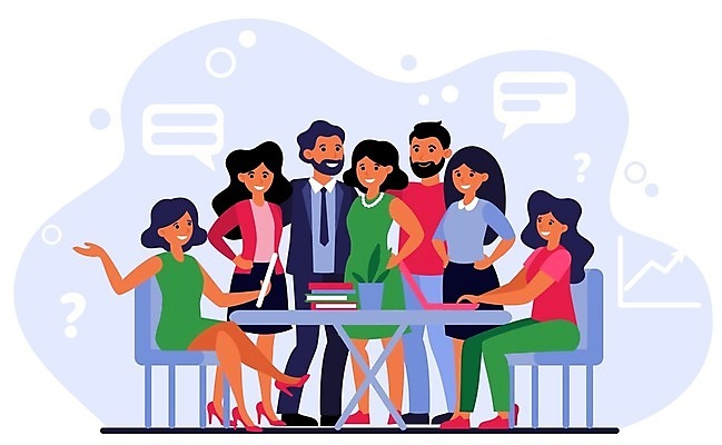 EPS 해외이미지 전신 여자 남자 일러스트 비즈니스 어깨동무 협력 직장 함께함 서기 앉기 여러명 비즈니스라이프 손들기 업무 비즈니스맨 비즈니스우먼 그룹 동료 성인만 해외일러스트 라이프스타일 포즈 다수 컨셉 회사 관계 모션 사람 작업 직장인 파일형식 벡터