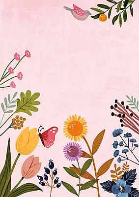 PSD 나무 열매 꽃 분홍색 나비 일러스트 조류 사람없음 봄풍경 국내일러스트 식물 동물 컬러 곤충 풍경 봄 파일형식