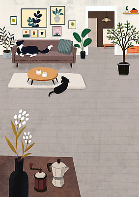 PSD 화분 액자 두마리 거실 일러스트 풍경 사람없음 소파 갈색 강아지 커피잔 커피포트 반려 핸드드립 국내일러스트 커피 컬러 2 의자 주전자 잔 반려동물 개 커피용품 파일형식