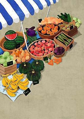 PSD 채소 과일 일러스트 호박 귤 수박 바나나 풍경 사람없음 당근 가을 시장 천막 파 서양배 제철과일 국내일러스트 계절 뿌리채소 배_과일 제철 파일형식