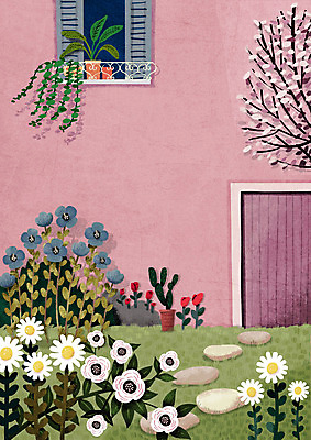 PSD 나무 꽃 화분 분홍색 일러스트 선인장 풍경 사람없음 정원 발코니 가을 국내일러스트 식물 계절 컬러 파일형식