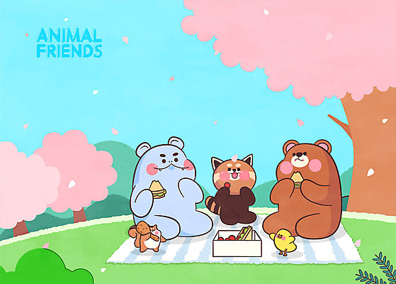 전신 토마토 여러마리 일러스트 곰 샌드위치 병아리 들기 사람없음 소풍 벚꽃 돗자리 다람쥐 도시락 닭다리 하마 레서판다 벚꽃축제 봄소풍 애니멀아트 국내일러스트 동물 꽃 음식 다수 채소 포유류 모션 조류 야외활동 축제 봄 설치류 그림 꽃축제
