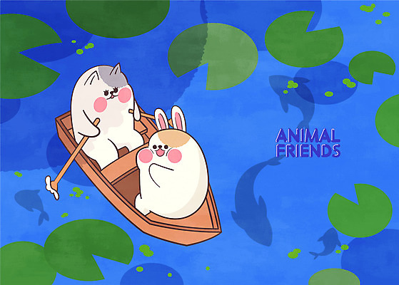 전신 두마리 일러스트 어류 사람없음 파란색 고양이 토끼 연못 잡기 연잎 노 조각배 애니멀아트 국내일러스트 AI파일 컬러 잎 2 배_교통 포유류 모션 반려동물 수중동물 그림 선박 파일형식 벡터