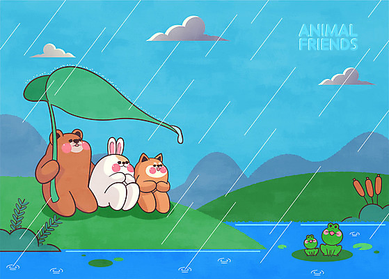 전신 구름 하늘색 여러마리 일러스트 곰 개구리 들기 사람없음 강 토끼 봄비 강아지 나뭇잎우산 부들 애니멀아트 국내일러스트 AI파일 자연요소 동물 다수 우산 포유류 모션 양서류 파란색 반려동물 봄 비_날씨 개 그림 파일형식 벡터