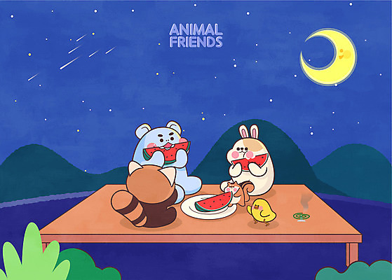 전신 여러마리 일러스트 여름음식 산 수박 병아리 들기 사람없음 여름 달 토끼 야간 남색 다람쥐 평상 하마 레서판다 모기향 애니멀아트 제철과일 국내일러스트 AI파일 자연요소 계절 음식 컬러 다수 과일 포유류 모션 조류 반려동물 설치류 그림 제철 파일형식 벡터 여름_계절