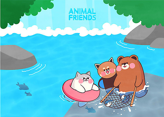 전신 하늘색 일러스트 곰 물놀이 낚시 세마리 어류 들기 사람없음 계곡 고양이 바위 뜰채 튜브 레서판다 애니멀아트 국내일러스트 AI파일 동물 포유류 모션 놀이 레저 3 파란색 반려동물 수중동물 돌_바위 낚시용품 그림 파일형식 벡터