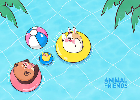 전신 하늘색 일러스트 수영장 병아리 세마리 사람없음 여름 토끼 비치볼 공놀이 튜브 야자수잎 레서판다 애니멀아트 국내일러스트 AI파일 계절 잎 공 포유류 놀이 조류 바캉스용품 3 파란색 반려동물 그림 파일형식 벡터
