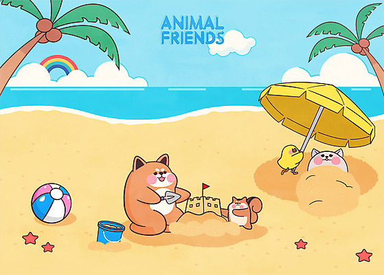 전신 구름 바다 무지개 여러마리 일러스트 불가사리 병아리 들기 사람없음 모래사장 야자수 노란색 파라솔 강아지 비치볼 삽 다람쥐 모래성 모래찜질 애니멀아트 국내일러스트 AI파일 자연요소 나무 모래 컬러 다수 공 모션 조류 극피동물 바캉스용품 반려동물 개 설치류 그림 파일형식 벡터