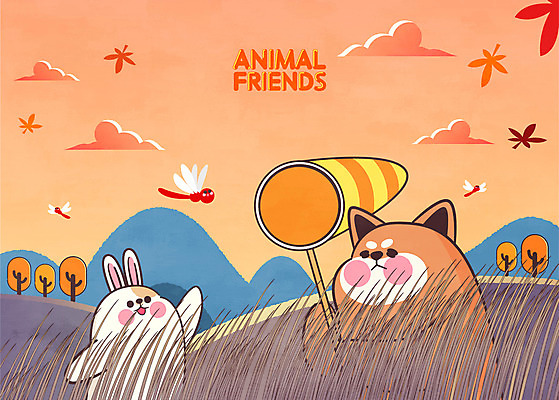 전신 나무 구름 단풍 두마리 일러스트 산 갈대 들기 사람없음 노을 주황색 가을 토끼 강아지 잠자리 채집망 애니멀아트 국내일러스트 AI파일 자연요소 식물 계절 컬러 곤충 잎 2 포유류 모션 반려동물 개 그림 파일형식 벡터