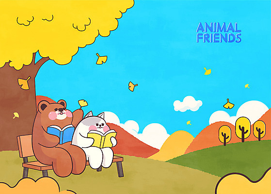 전신 구름 두마리 벤치 일러스트 곰 산 들기 앉기 사람없음 책 독서 고양이 가을 은행잎 은행나무 애니멀아트 국내일러스트 AI파일 자연요소 나무 동물 계절 잎 2 의자 포유류 모션 반려동물 그림 파일형식 벡터