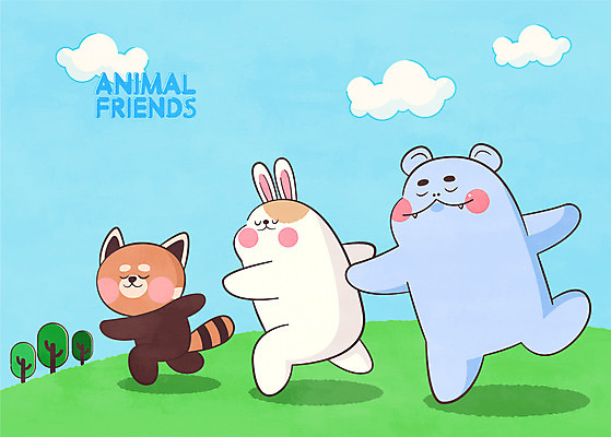 전신 나무 구름 일러스트 세마리 초원 사람없음 눈감음 토끼 체조 하마 레서판다 애니멀아트 국내일러스트 AI파일 자연요소 식물 포유류 모션 3 반려동물 운동 그림 파일형식 벡터