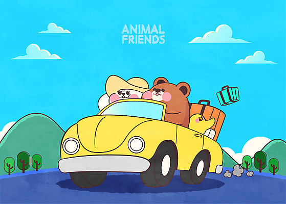 나무 구름 여행 하늘색 일러스트 곰 자동차 산 병아리 세마리 사람없음 여행가방 고양이 애니멀아트 국내일러스트 AI파일 자연요소 식물 동물 육상교통 가방 포유류 조류 3 파란색 반려동물 그림 파일형식 벡터