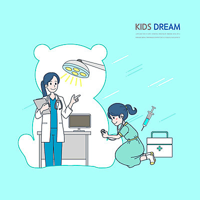 전신 PSD 여자 어린이 하늘색 일러스트 청진기 조명 주사기 들기 소녀 상반신 성인 두명 모니터 진료 의사 의사가운 무릎꿇기 책상 장래희망 진찰가방 여자만 국내일러스트 가구 의학 의료기기 모션 사람 파란색 컴퓨터 의료진 가운 파일형식