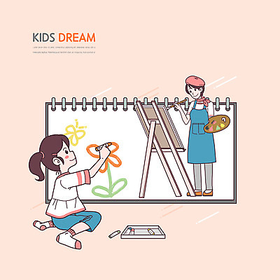 전신 PSD 여자 어린이 일러스트 서기 들기 앉기 소녀 성인 두명 그리기 팔레트 낙서 스케치북 이젤 크레파스 화가 장래희망 여자만 국내일러스트 직업 모션 학용품 사람 미술도구 파일형식