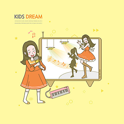 전신 PSD 여자 실루엣 어린이 일러스트 노래 서기 들기 소녀 성인 두명 노란색 텔레비전 가수 무대 춤 마이크 장래희망 멜로디언 아이돌 여자만 국내일러스트 음악 컬러 음향기기 모션 문화예술 촬영기법 사람 전자제품 음악가 연예인 파일형식