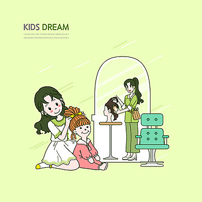 전신 PSD 여자 어린이 인형 의자 일러스트 서기 앉기 소녀 성인 두명 연두색 거울 마네킹 미용사 묶기 장래희망 머리손질 여자만 국내일러스트 직업 가구 모션 사람 초록색 뷰티 파일형식