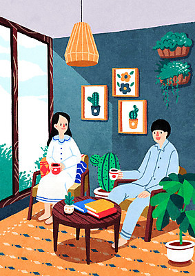 전신 PSD 부부 여자 남자 행복 화분 여유 액자 거실 의자 일러스트 창문 탁자 티타임 휴식 전등 선인장 들기 앉기 성인 두명 잠옷 휴식처 부부라이프 성인만 국내일러스트 식물 라이프스타일 커플 옷 감정 가구 컨셉 모션 조명 사람 파일형식