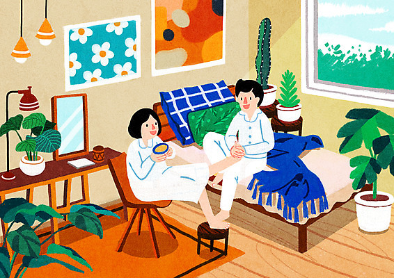 전신 PSD 식물 부부 여자 남자 행복 화분 여유 액자 의자 일러스트 창문 탁자 휴식 전등 앉기 성인 두명 침실 거울 잠옷 침대 마사지 다리들기 휴식처 부부라이프 성인만 국내일러스트 라이프스타일 커플 옷 감정 가구 컨셉 모션 조명 사람 파일형식