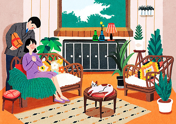 전신 PSD 한마리 부부 여자 남자 행복 여유 일러스트 창문 탁자 휴식 들기 앉기 성인 두명 선물상자 소파 고양이 카펫 눈가림 깍지 서랍장 깜짝선물 반려 휴식처 부부라이프 성인만 국내일러스트 1 라이프스타일 커플 감정 가구 컨셉 의자 포유류 모션 선물 사람 손짓 반려동물 상자 가림 파일형식