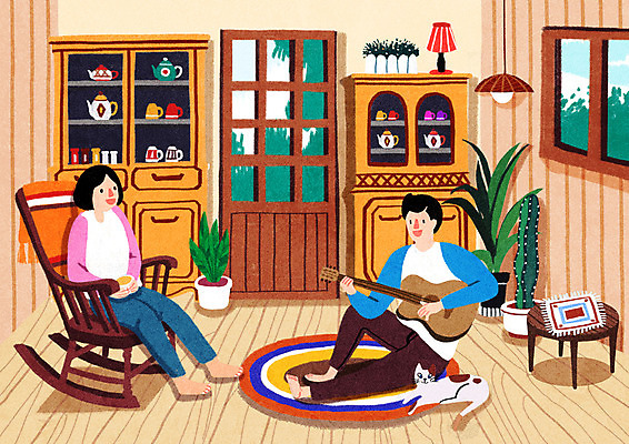 전신 PSD 한마리 부부 여자 남자 행복 화분 여유 연주 거실 일러스트 탁자 휴식 전등 앉기 성인 두명 문 고양이 카펫 음악감상 기타 장식장 흔들의자 반려 휴식처 부부라이프 성인만 국내일러스트 1 라이프스타일 커플 감정 음악 가구 컨셉 의자 포유류 모션 현악기 조명 사람 반려동물 감상 파일형식