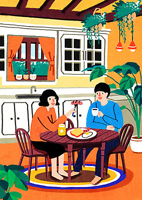 전신 PSD 식물 여자 남자 행복 화분 여유 의자 일러스트 창문 식탁 탁자 휴식 들기 앉기 성인 두명 주방 카펫 커튼 조리대 브런치 휴식처 부부라이프 성인만 행잉플랜트 국내일러스트 라이프스타일 감정 가구 컨셉 모션 사람 식사 파일형식