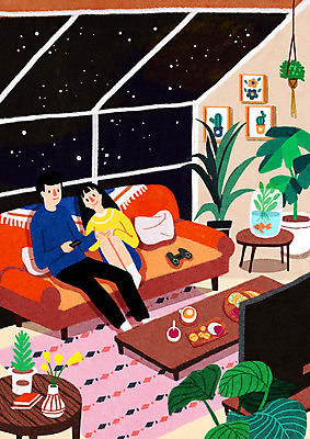 전신 PSD 식물 부부 여자 남자 행복 별 화분 여유 일러스트 창문 탁자 밤하늘 휴식 앉기 성인 두명 소파 텔레비전 기댐 어항 티비시청 휴식처 부부라이프 성인만 행잉플랜트 국내일러스트 자연요소 라이프스타일 커플 감정 가구 컨셉 의자 모션 하늘 사람 전자제품 야간 시청_보고들음 파일형식