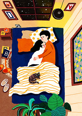 PSD 식물 한마리 부부 여자 남자 행복 여유 액자 일러스트 베개 포옹 밤하늘 휴식 조명 상반신 성인 두명 고양이 침실 이불 침대 반려 휴식처 부부라이프 성인만 국내일러스트 1 라이프스타일 커플 감정 가구 컨셉 포유류 침구 안기 하늘 사람 반려동물 야간 파일형식