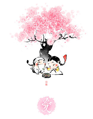 PSD 여자 남자 일러스트 캘리그라피 붓터치 사랑 앉기 성인 두명 소풍 한국인 벚나무 한복 먹여주기 도시락 번짐 연애 낙관 사랑애 성인만 국내일러스트 나무 한국전통 감정 음식 모션 사람 동양인 야외활동 한자 벚꽃 전통의상 먹기 파일형식 효과