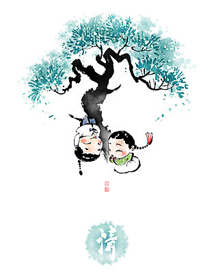 전신 PSD 나무 여자 남자 어린이 일러스트 캘리그라피 붓터치 나뭇잎 매달리기 소녀 소년 두명 한국인 한복 물구나무 번짐 연애 낙관 뜻정 어린이만 국내일러스트 식물 한국전통 잎 모션 사람 동양인 한자 전통의상 파일형식 효과