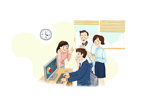 PSD 여자 남자 시계 일러스트 비즈니스 창문 대화 미소 들기 여러명 상반신 성인 컴퓨터 사무실 가리킴 직장인 비즈니스맨 비즈니스우먼 직원 신입사원 신입 직무교육 성인만 국내일러스트 직업 교육 다수 모션 표정 말하기 사람 손짓 전자제품 파일형식