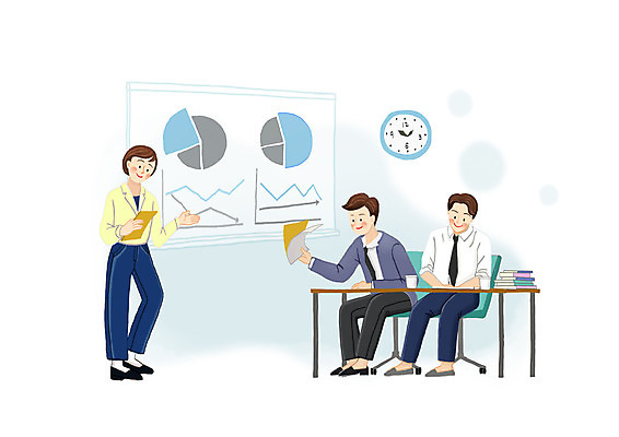전신 PSD 여자 남자 시계 의자 일러스트 비즈니스 회의 안내 서기 들기 앉기 성인 세명 직장인 비즈니스맨 비즈니스우먼 발표 책상 화이트보드 성인만 국내일러스트 직업 가구 모션 사람 파일형식