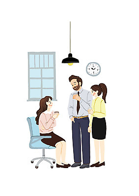 전신 PSD 여자 남자 시계 의자 일러스트 비즈니스 창문 휴식 전등 서기 들기 앉기 성인 세명 직장인 비즈니스맨 비즈니스우먼 직원 미팅룸 성인만 국내일러스트 직업 가구 컨셉 모션 조명 사람 파일형식
