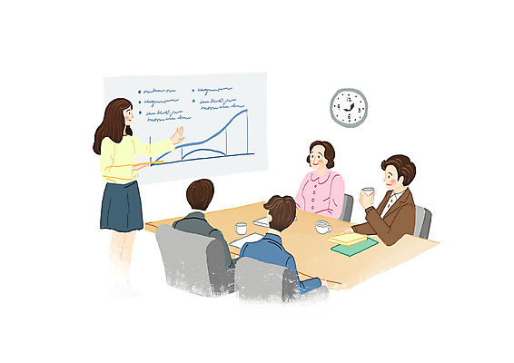 PSD 여자 남자 시계 의자 일러스트 비즈니스 회의 서기 들기 여러명 상반신 성인 사무실 스크린 직장인 비즈니스맨 비즈니스우먼 발표 책상 직원 성인만 국내일러스트 직업 가구 다수 모션 사람 파일형식