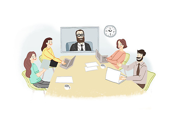 PSD 여자 남자 시계 일러스트 비즈니스 회의 모바일 들기 여러명 상반신 성인 노트북 사무실 모니터 직장인 비즈니스맨 비즈니스우먼 상사 책상 화상통화 성인만 언택트 온택트 국내일러스트 직업 가구 다수 모션 사람 전자제품 컴퓨터 통화 파일형식