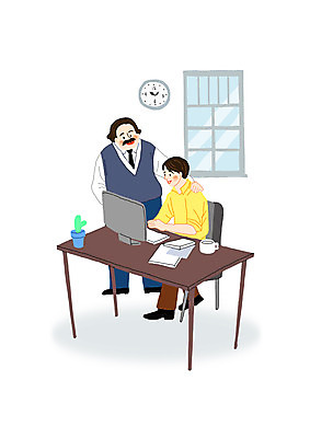 전신 PSD 남자 화분 의자 일러스트 비즈니스 창문 앉기 성인 두명 컴퓨터 비즈니스맨 상사 책상 직원 격려 성인남자만 어깨에손 국내일러스트 감정 가구 모션 사람 전자제품 직장인 남자만 성인만 파일형식