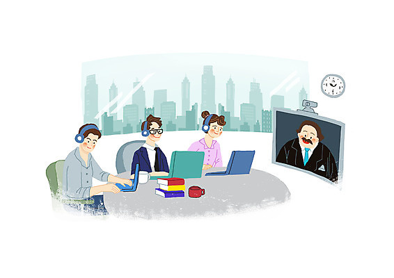 PSD 여자 남자 시계 일러스트 비즈니스 창문 회의 모바일 여러명 상반신 성인 책 노트북 스크린 헤드셋 도시 직장인 비즈니스맨 비즈니스우먼 상사 책상 화상통화 성인만 언택트 온택트 국내일러스트 직업 음향기기 가구 다수 사람 전자제품 헤드폰 통화 파일형식