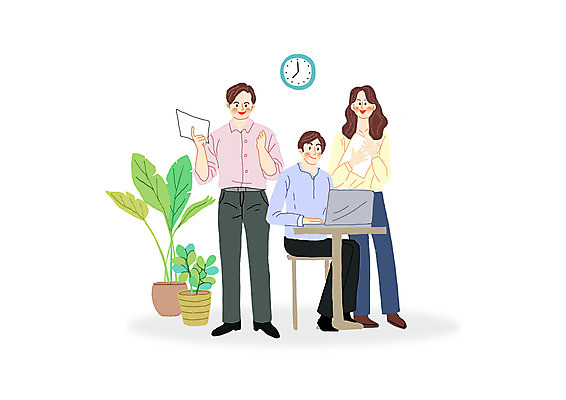 전신 PSD 여자 남자 화분 시계 의자 일러스트 비즈니스 회의 협력 서기 들기 앉기 성인 세명 노트북 직장인 비즈니스맨 비즈니스우먼 책상 직원 성인만 국내일러스트 직업 가구 모션 사람 전자제품 파일형식