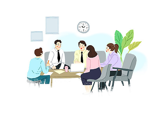 전신 PSD 여자 남자 화분 시계 의자 일러스트 비즈니스 회의 협력 말하기 앉기 여러명 상반신 성인 노트북 직장인 비즈니스맨 비즈니스우먼 책상 직원 성인만 국내일러스트 직업 가구 다수 모션 사람 전자제품 파일형식