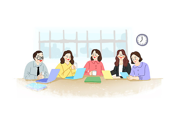 PSD 여자 남자 시계 의자 일러스트 비즈니스 창문 회의 협력 말하기 들기 여러명 상반신 성인 노트북 직장인 책상 직원 성인만 국내일러스트 직업 가구 다수 모션 사람 전자제품 파일형식
