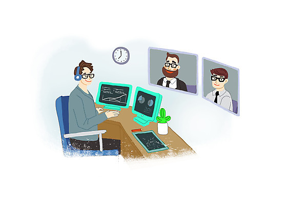 PSD 남자 화분 시계 의자 일러스트 비즈니스 모바일 앉기 상반신 성인 세명 컴퓨터 스크린 모니터 헤드셋 비즈니스맨 책상 화상통화 성인남자만 언택트 온택트 국내일러스트 음향기기 가구 모션 사람 전자제품 헤드폰 직장인 통화 남자만 성인만 파일형식